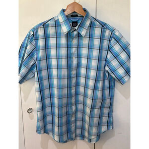 Men's GAP Blue White Plaid Fitted Short Sleeve Button Down Shirt L